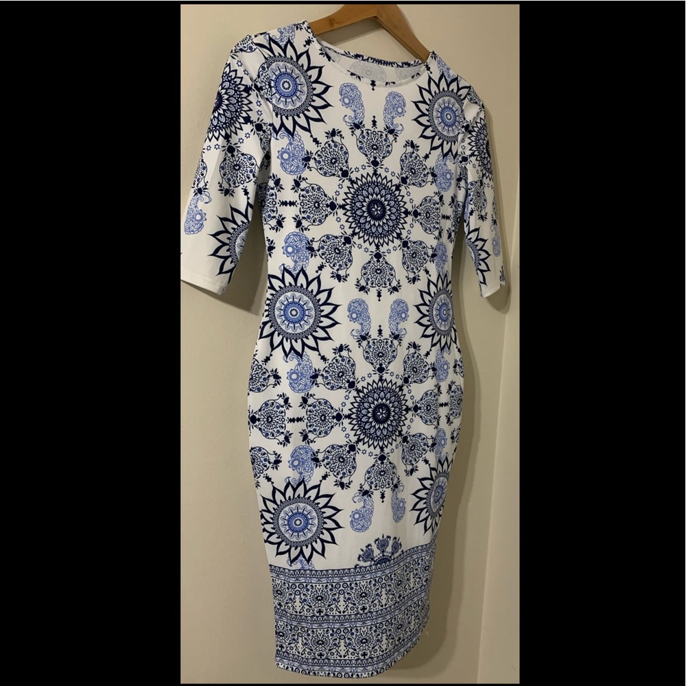 Blue and White Bodycon Dress